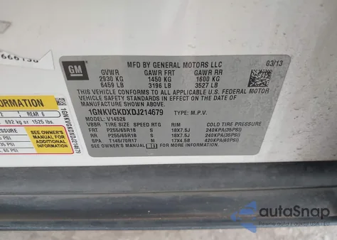 2013 Chevrolet Traverse 1Lt from USA, damaged, VIN 1GNKVGKDXDJ214679